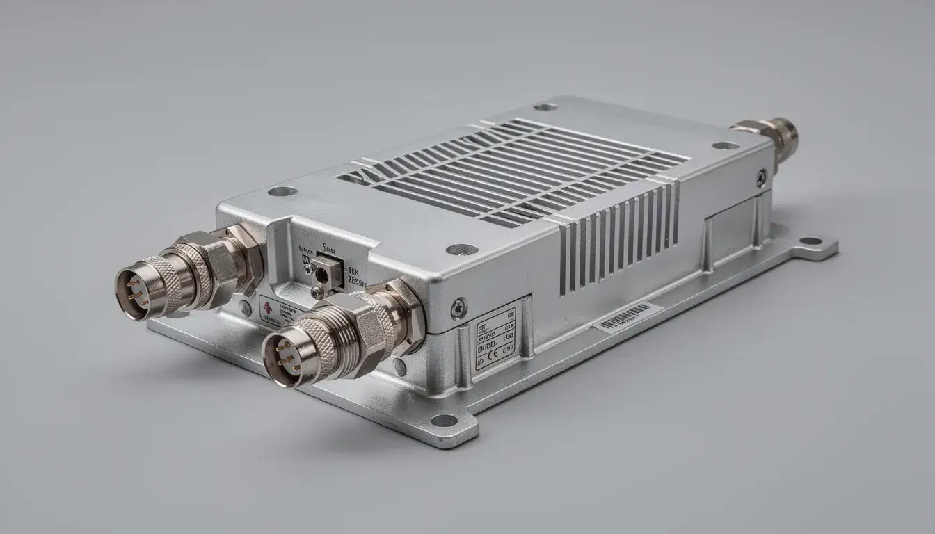 The image depicts an industrial electronic filter module housed in a sturdy metal casing